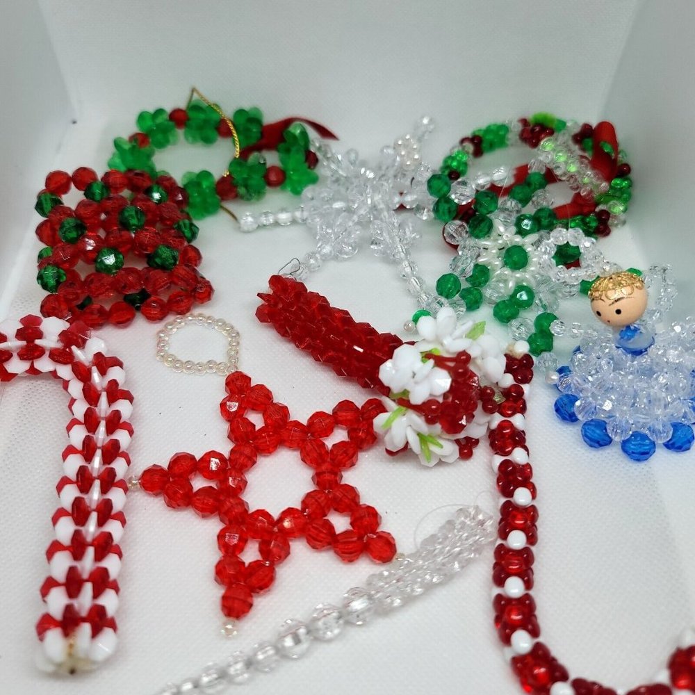 Vintage Lot Handmade Beaded Christmas Ornament Wreaths candles snowflake doll